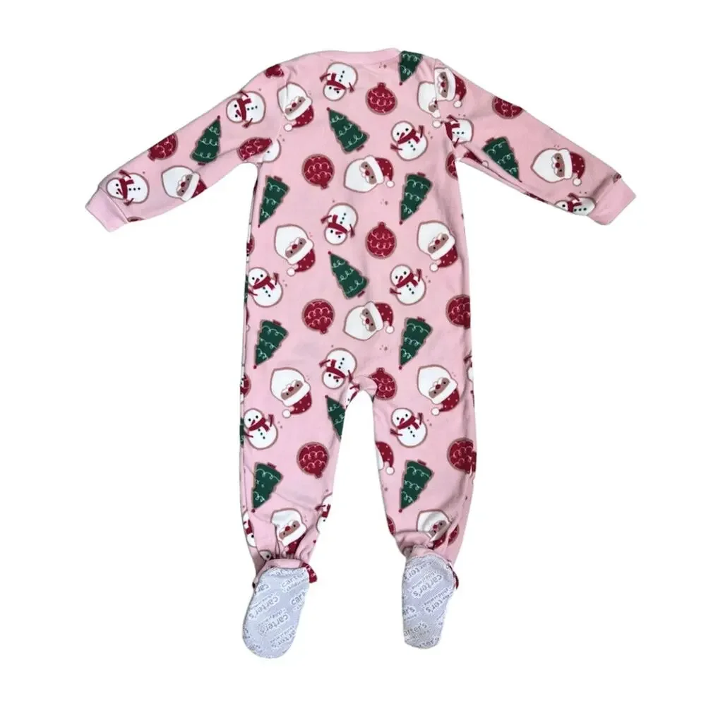 🍄 3/$15 Carter’s Fleece Footie Pajamas Girls 2T Pink Christmas Santa Snowman